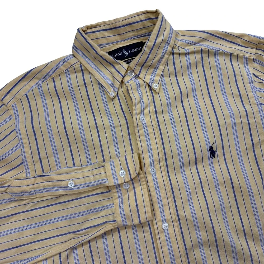 Ralph Lauren Classic Fit Striped Button Down Shirt Mens 15 M Yellow Blue Oxford